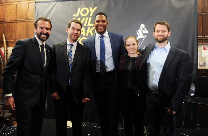Steve Wilson, Doug Ellin, Michael Strahan, Eva Hakansson, Dr. Matt Killingsworth celebrate the launch of Johnnie Walker's Joy Will Take You Further global campaign at The Explorers Club September 29 (PRNewsFoto/Diageo)